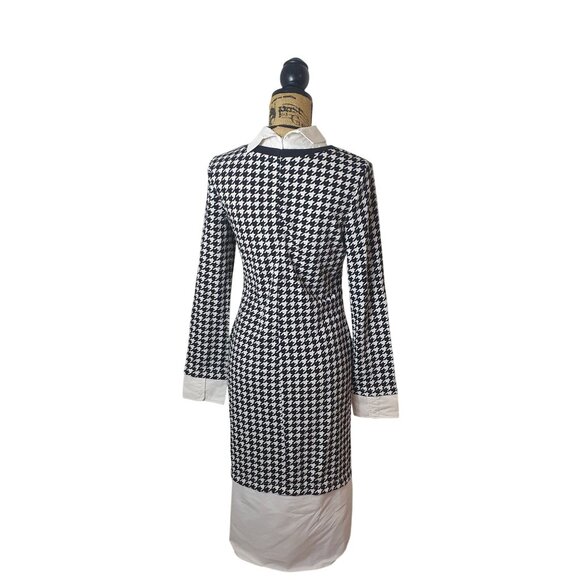 Womens Chic Houndstooth Dress 8 Black White Shift Collar Cuffs Long Sleeve Work - Picture 4 of 8